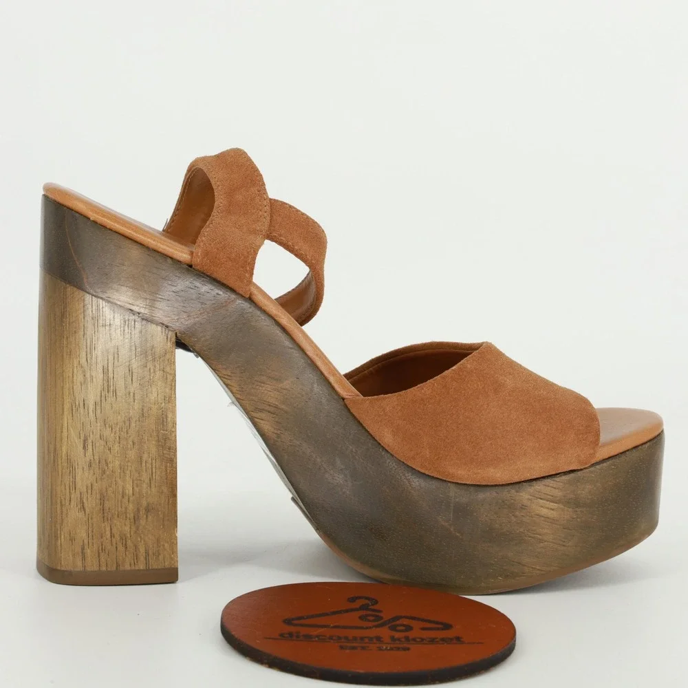 Lulus Lolita Leather Cognac Suede Wooden Platform Heels Size 8 Chunky Retro Boho
